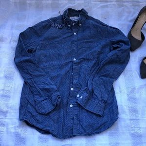 Express Denim Button Down with White Polka Dots